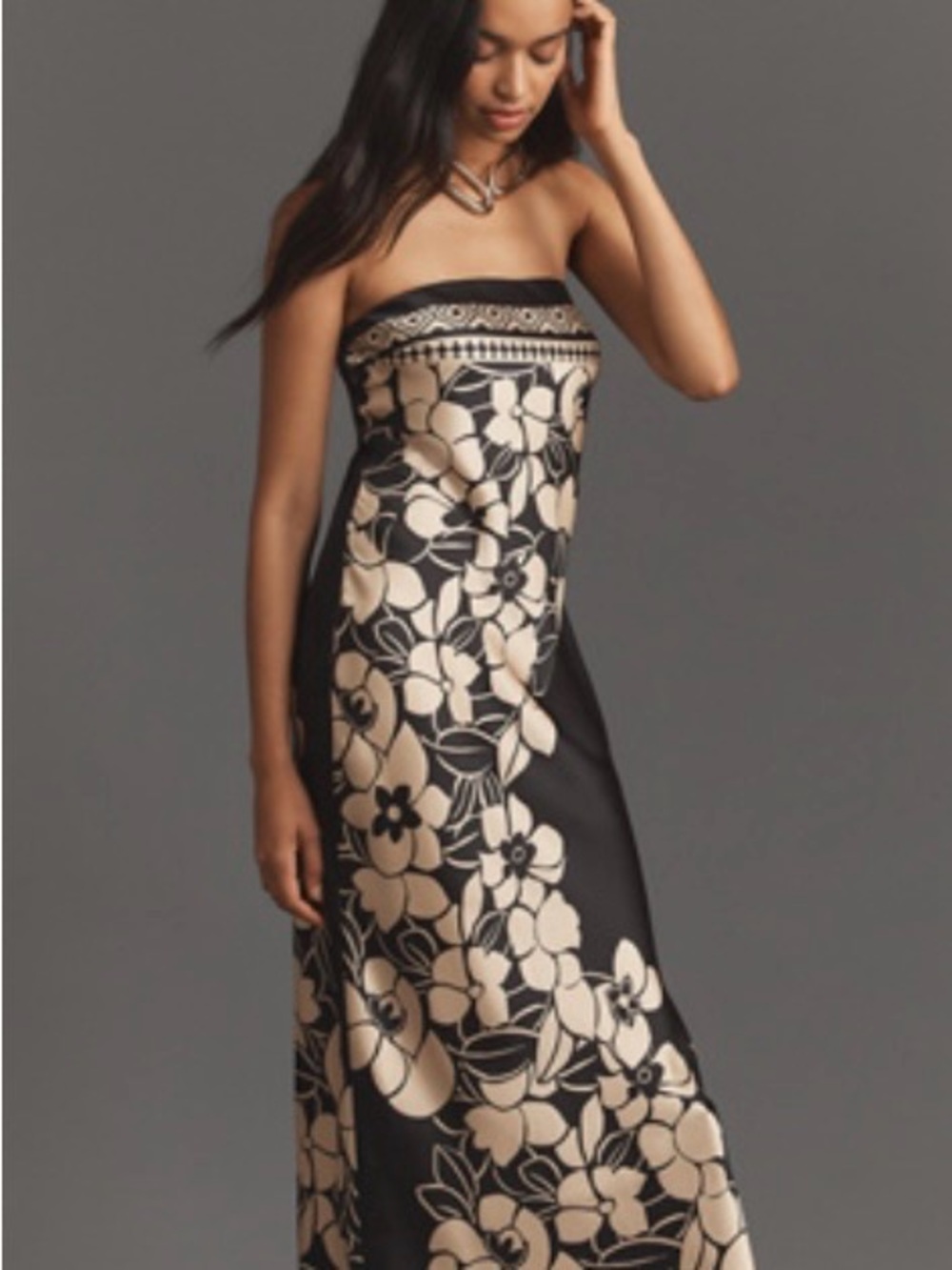 Anthropologie Black and Cream Strapless Floral Maxi Dress